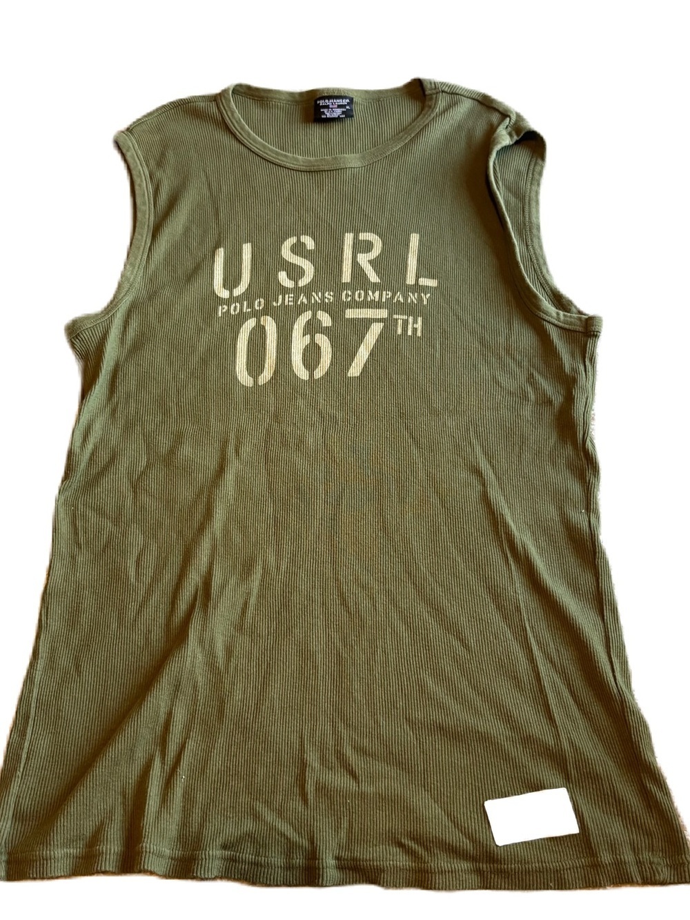 Vintage Polo by Ralph Lauren Olive Green Graphic Ribbed Tank Top XL 100% Cotton